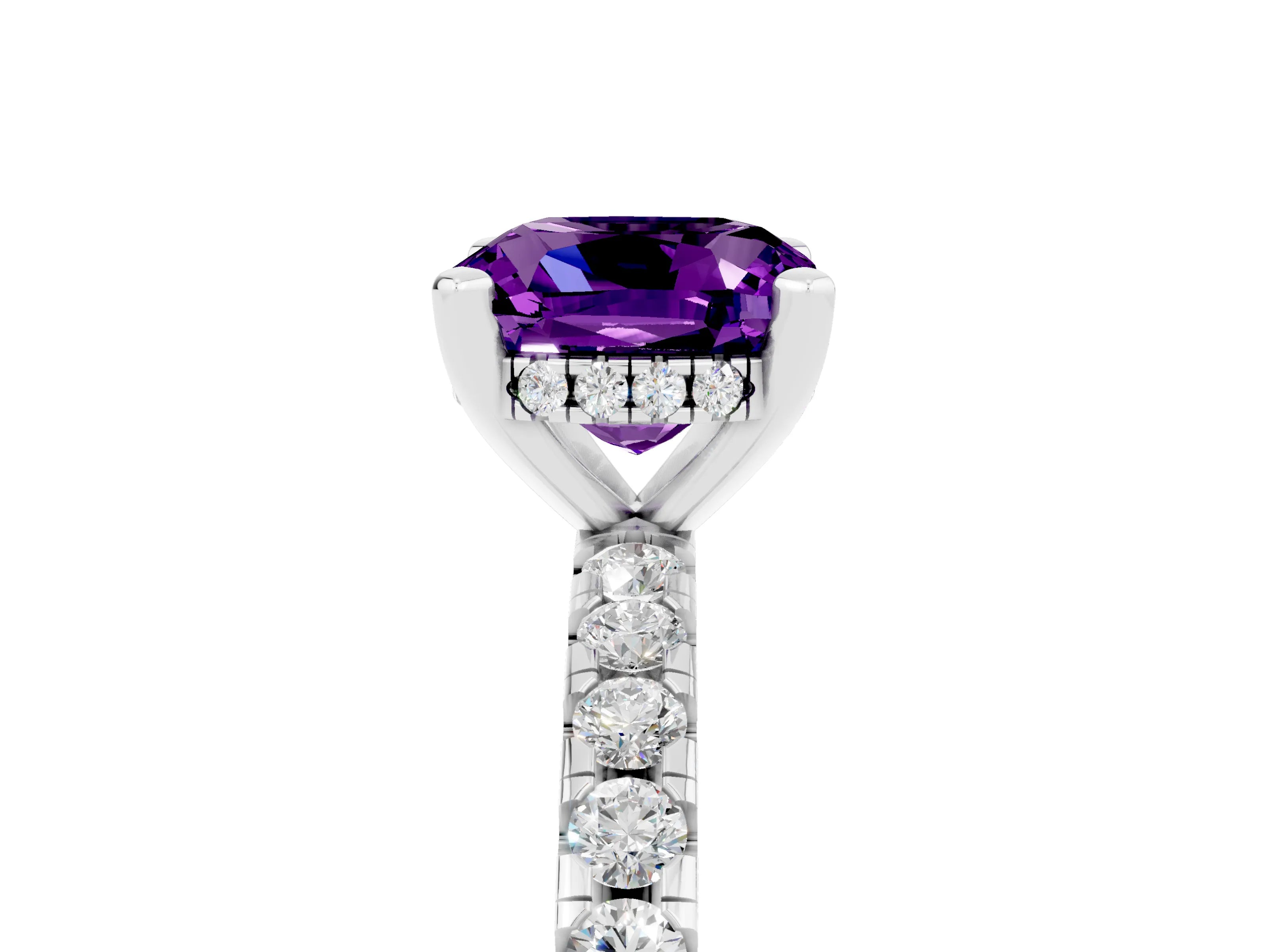 White gold Cushion Cut Amethyst Solitaire Ring with Pavé Band and Four-Prong Setting_29