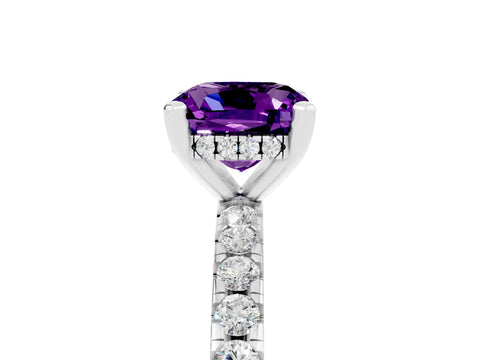 White gold Cushion Cut Amethyst Solitaire Ring with Pavé Band and Four-Prong Setting_29