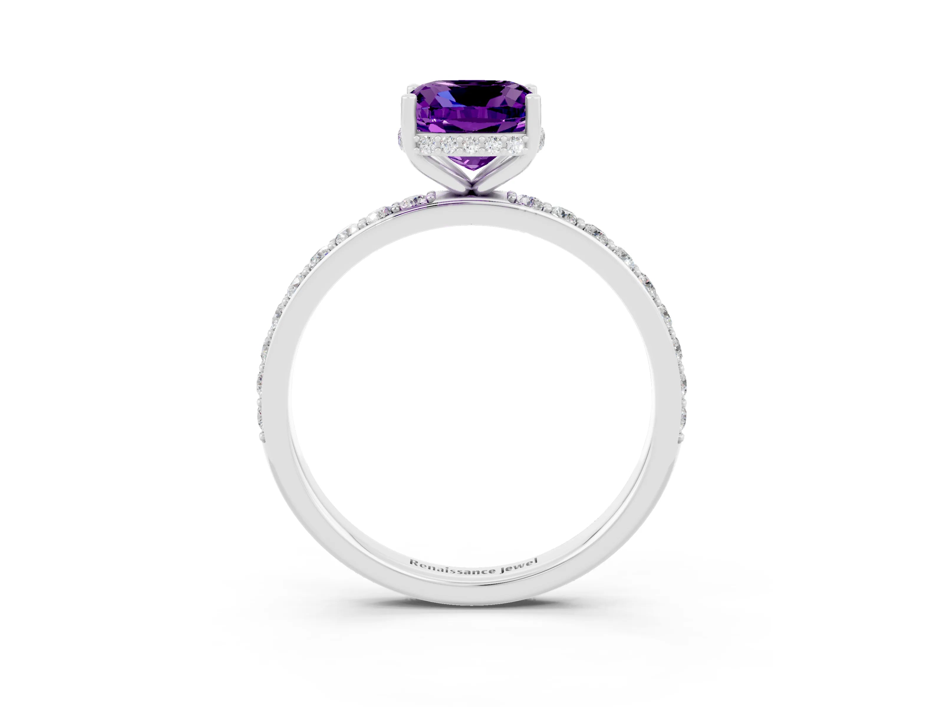 White gold Cushion Cut Amethyst Solitaire Ring with Pavé Band and Hidden Halo_10