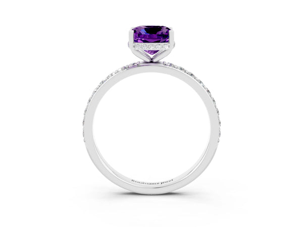 Silver Cushion Cut Amethyst Solitaire Ring with Pavé Band and Hidden Halo