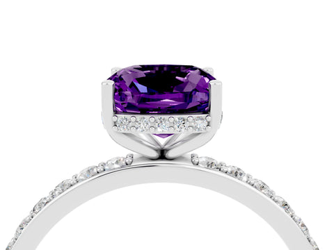 White gold Cushion Cut Amethyst Solitaire Ring with Pavé Band and Hidden Halo_16