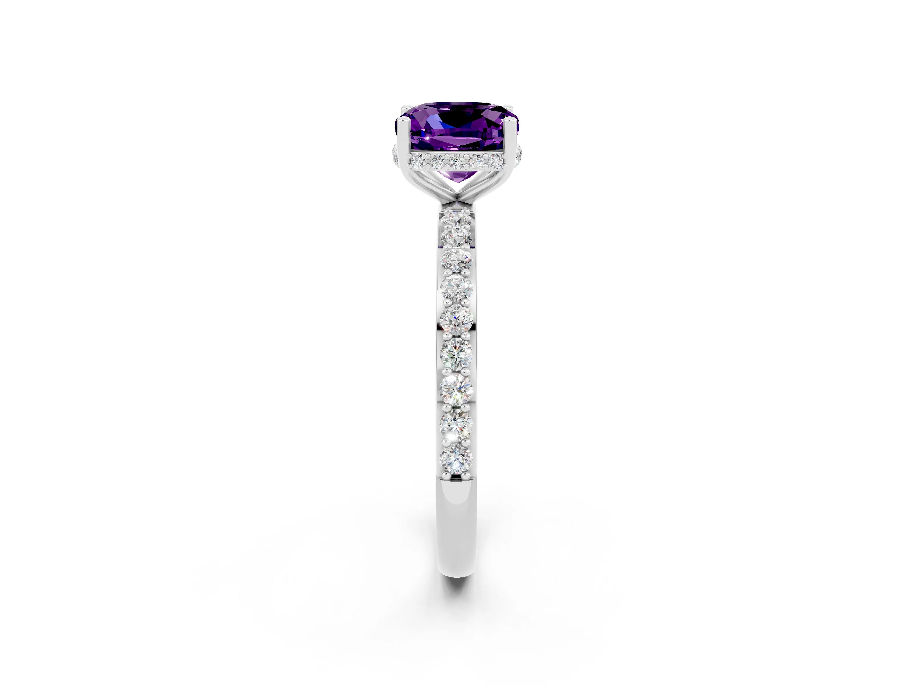 White gold Cushion Cut Amethyst Solitaire Ring with Pavé Band and Hidden Halo_2