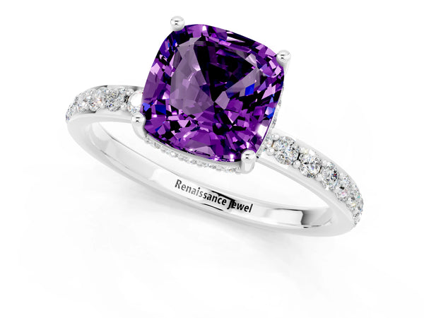 Platinum Cushion Cut Amethyst Solitaire Ring with Pavé Band and Hidden Halo