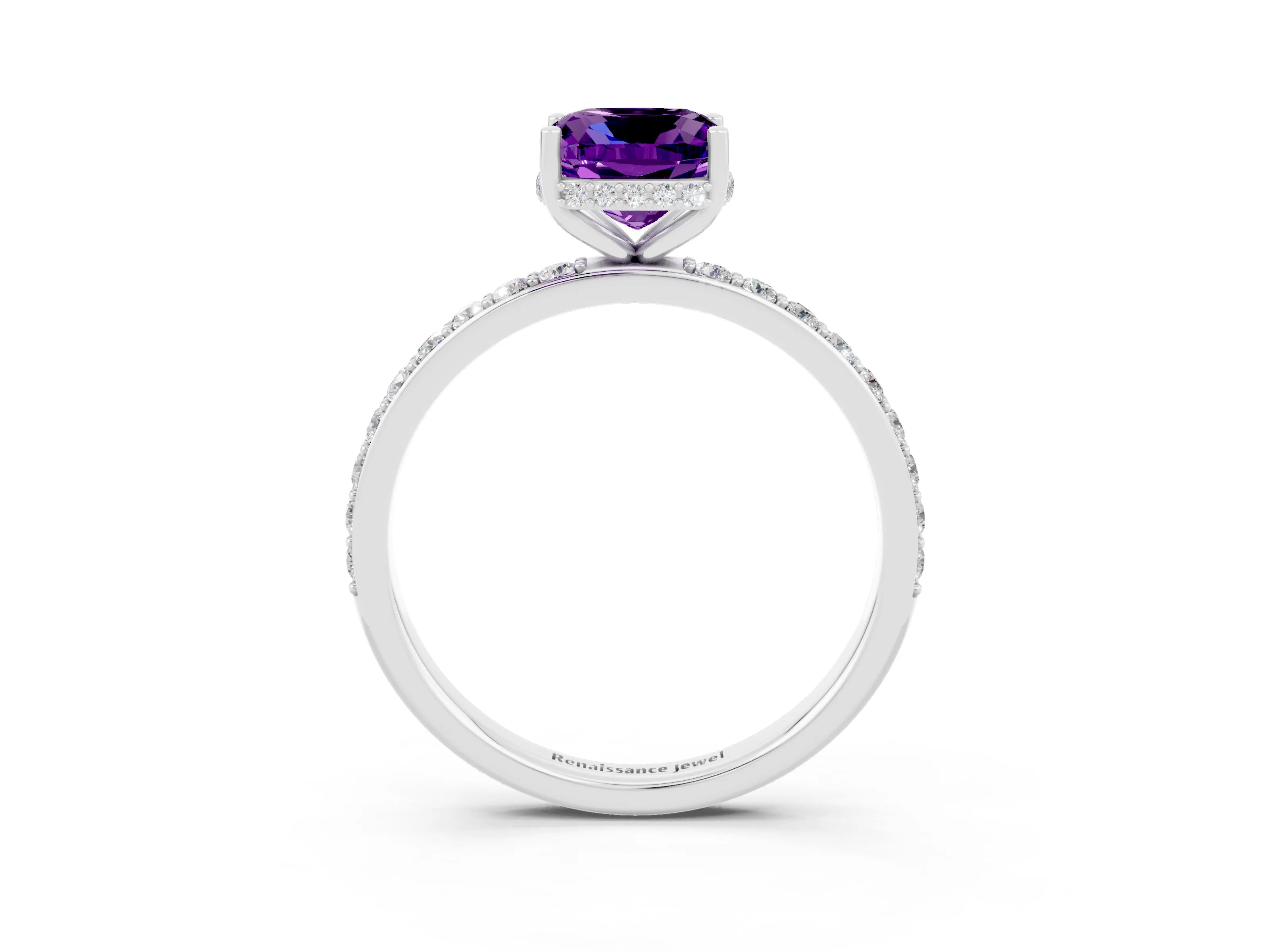 White gold Cushion Cut Amethyst Solitaire Ring with Pavé Band and Hidden Halo_27