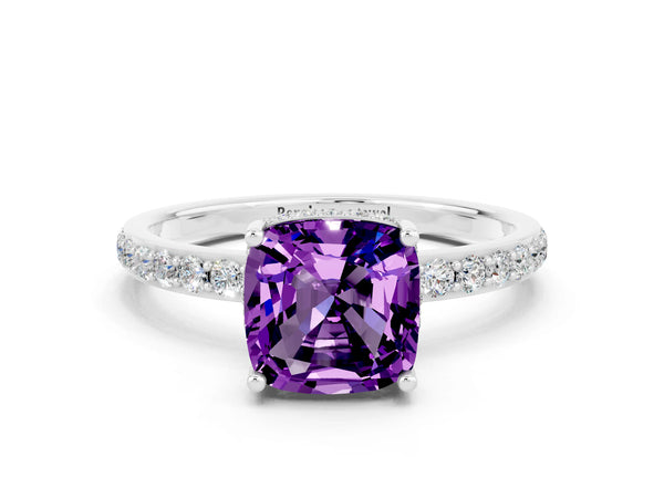 White gold Cushion Cut Amethyst Solitaire Ring with Pavé Band and Hidden Halo