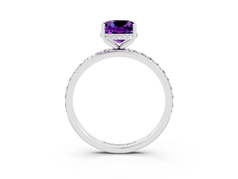 White gold Cushion Cut Amethyst Solitaire Ring with Pavé Band and Hidden Halo_3