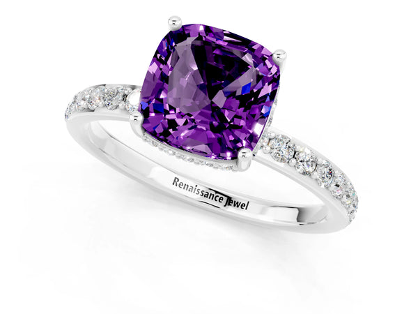 Silver Cushion Cut Amethyst Solitaire Ring with Pavé Band and Hidden Halo