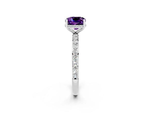 Silver Cushion Cut Amethyst Solitaire Ring with Pavé Band and Hidden Halo