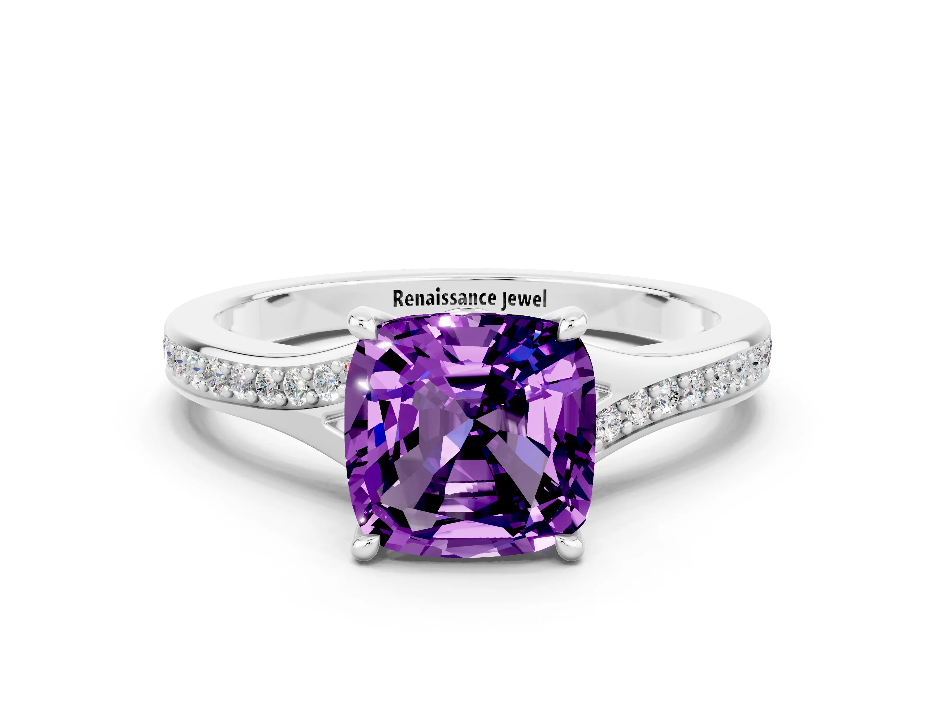 White gold Cushion Cut Amethyst Solitaire Ring with Pavé Band and Prong Setting_12