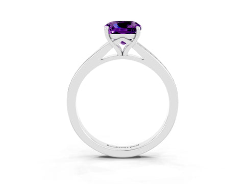 White gold Cushion Cut Amethyst Solitaire Ring with Pavé Band and Prong Setting_15