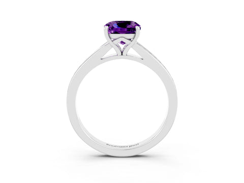 White gold Cushion Cut Amethyst Solitaire Ring with Pavé Band and Prong Setting_3