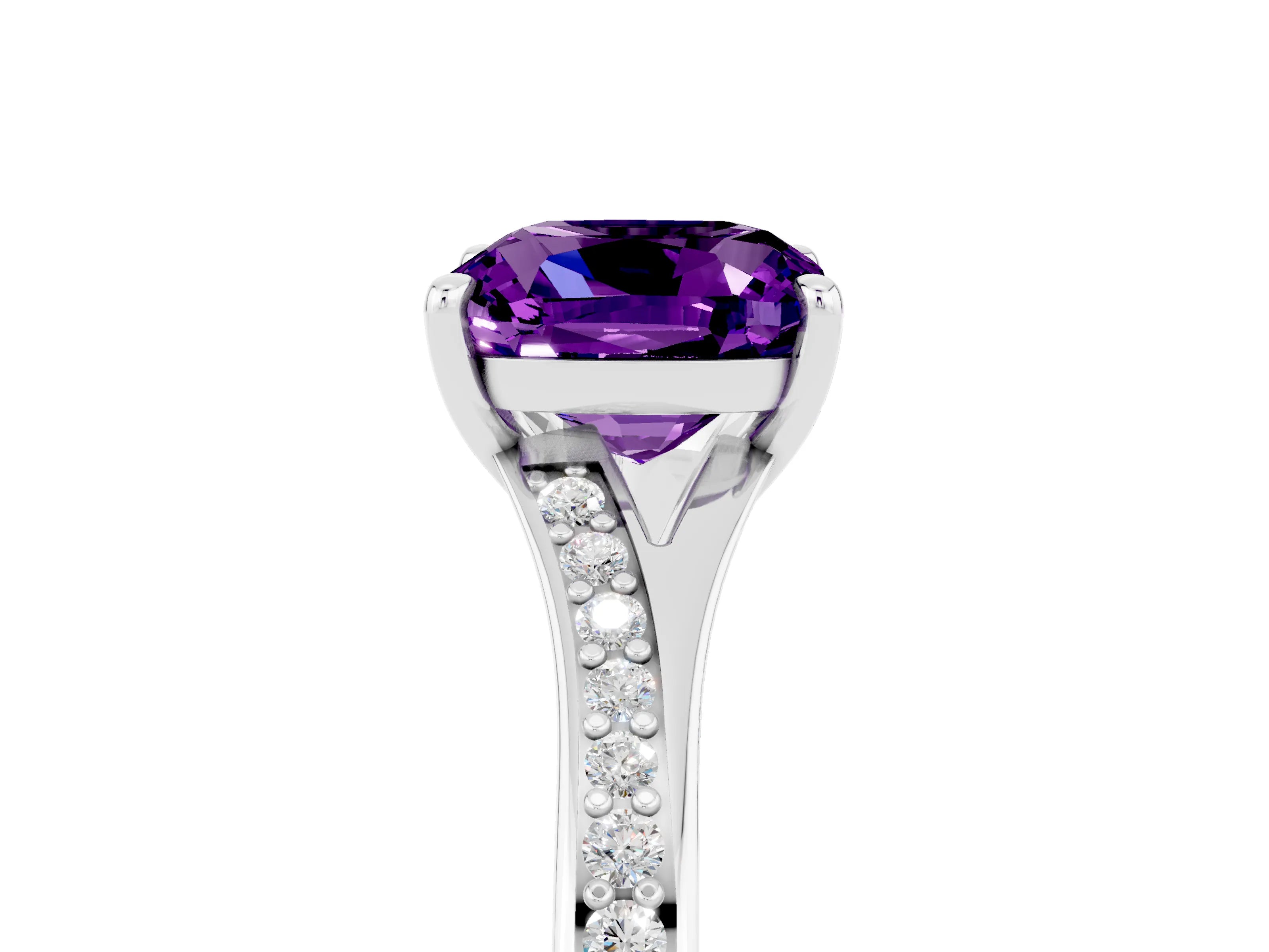 White gold Cushion Cut Amethyst Solitaire Ring with Pavé Band and Prong Setting_5