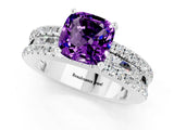 White gold Cushion Cut Amethyst Solitaire Ring with Pavé and Channel Set Band_1