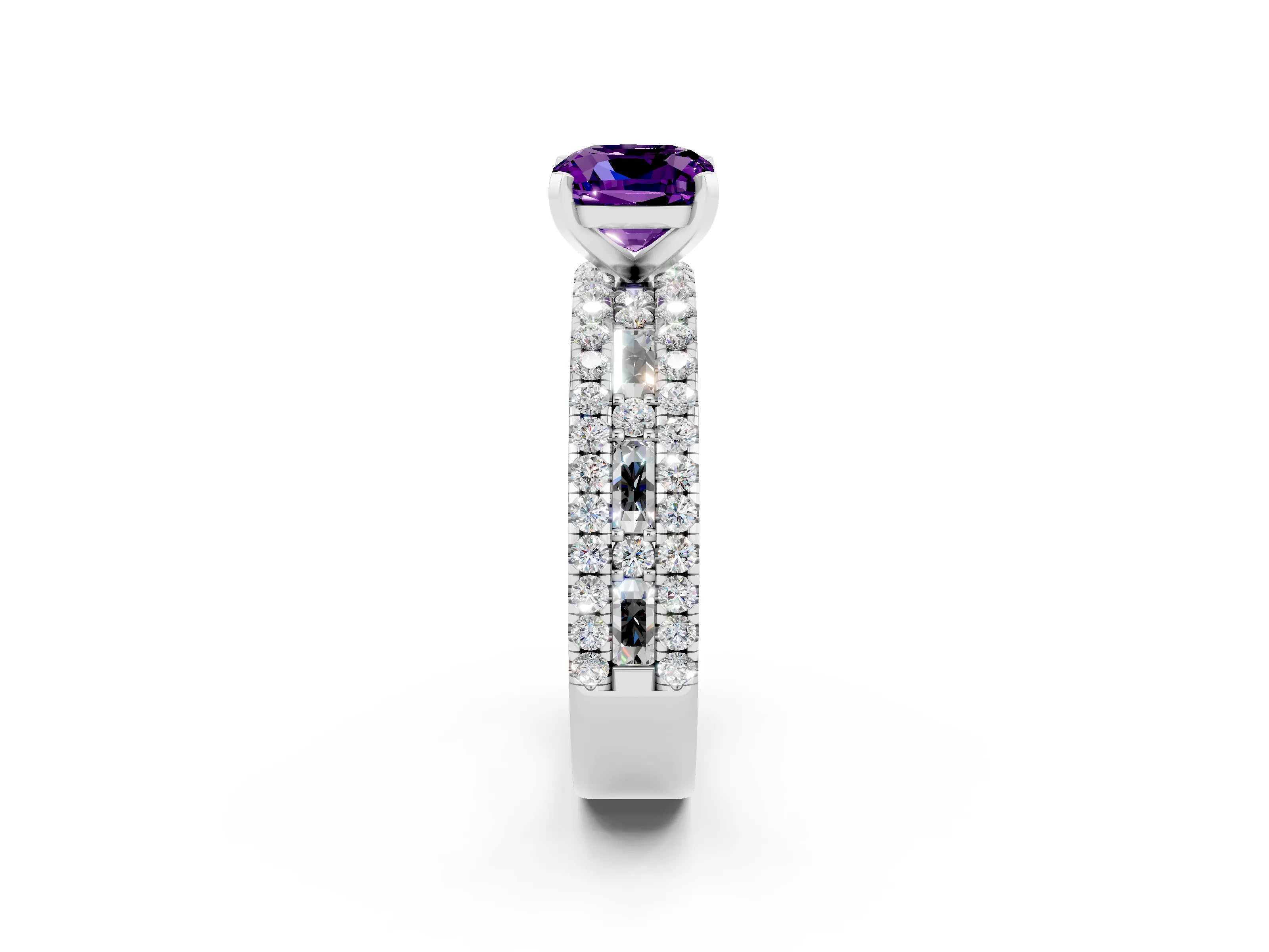 White gold Cushion Cut Amethyst Solitaire Ring with Pavé and Channel Set Band_2