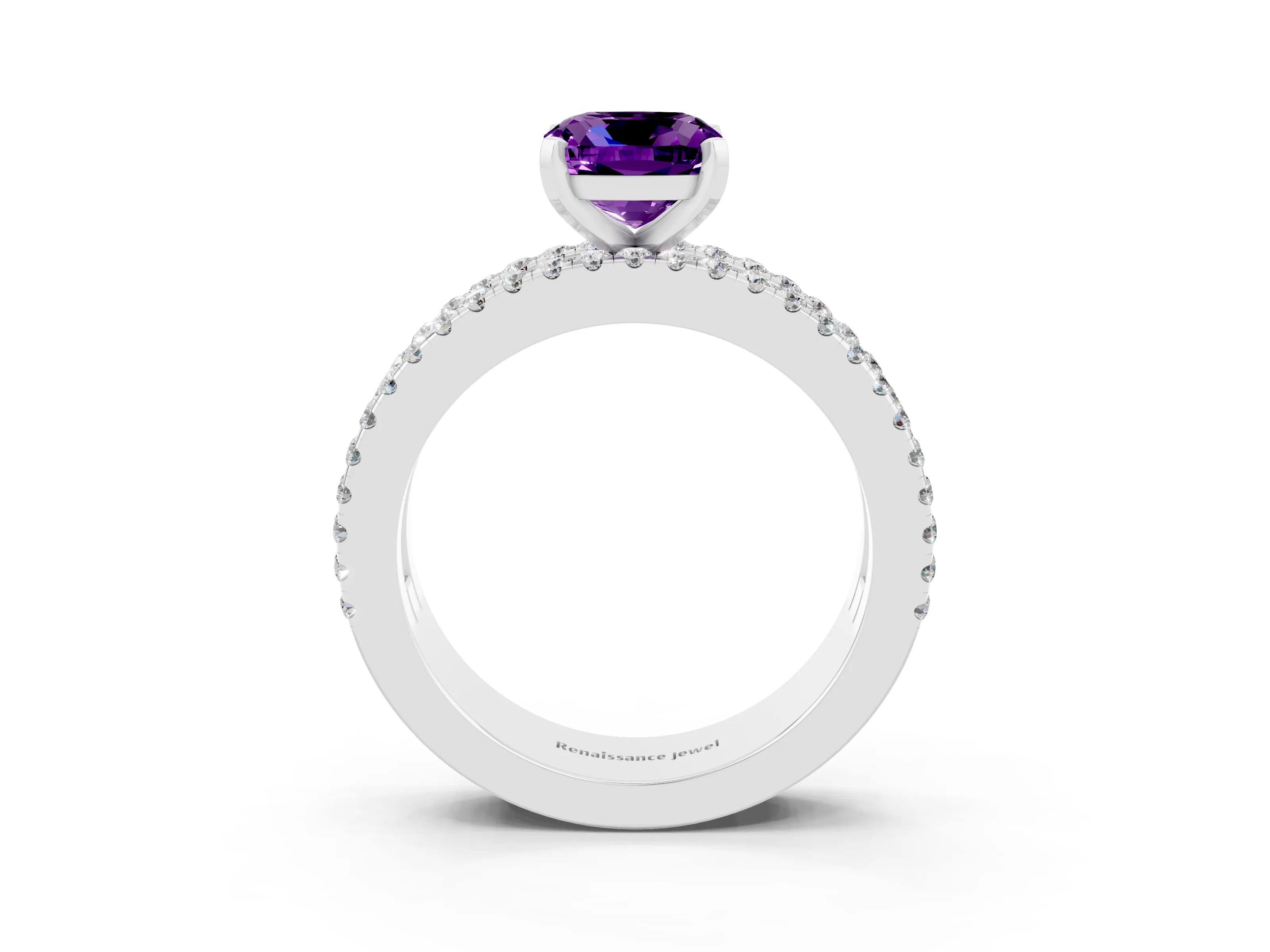 White gold Cushion Cut Amethyst Solitaire Ring with Pavé and Channel Set Band_3
