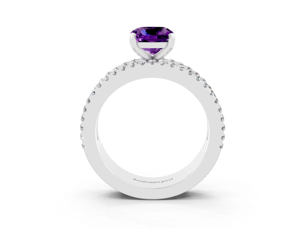 Platinum Cushion Cut Amethyst Solitaire Ring with Pavé and Channel Set Band