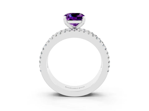 White gold Cushion Cut Amethyst Solitaire Ring with Pavé and Channel Set Band_3