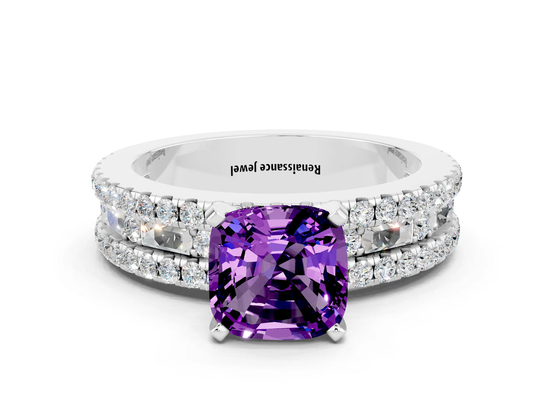 White gold Cushion Cut Amethyst Solitaire Ring with Pavé and Channel Set Band
