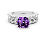 White gold Cushion Cut Amethyst Solitaire Ring with Pavé and Channel Set Band