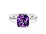 White gold Cushion Cut Amethyst Solitaire Ring with Pave Band and Four Prong Setting_24