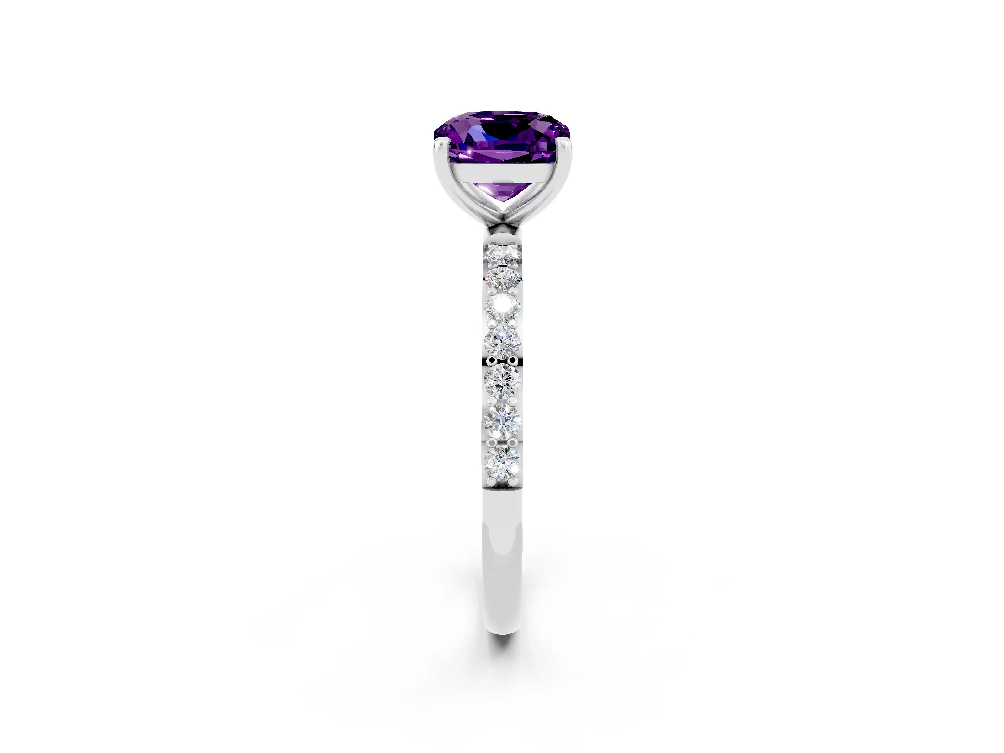 White gold Cushion Cut Amethyst Solitaire Ring with Pave Band and Four Prong Setting_26
