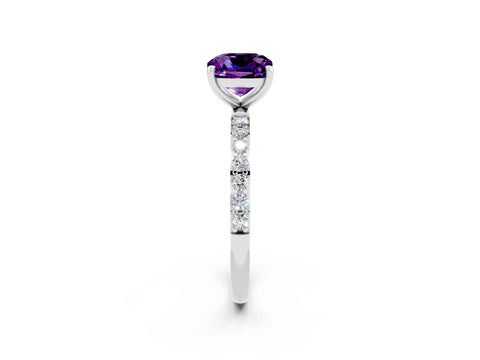 White gold Cushion Cut Amethyst Solitaire Ring with Pave Band and Four Prong Setting_26