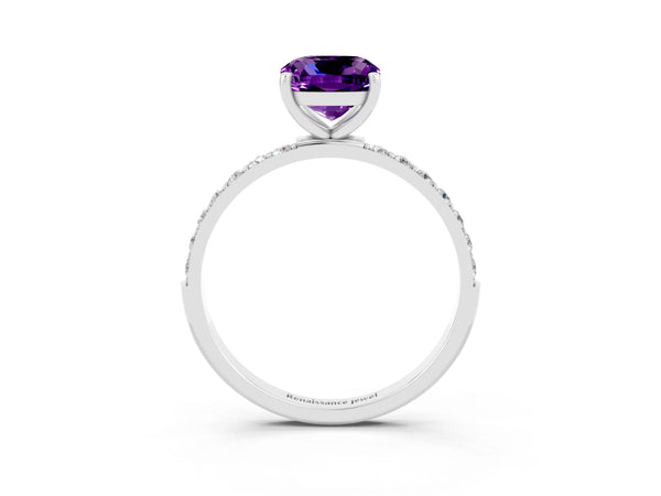 Platinum Cushion Cut Amethyst Solitaire Ring with Round  Pavé Band and Prong Setting