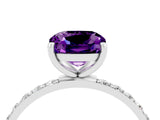 White gold Cushion Cut Amethyst Solitaire Ring with Pave Band and Four Prong Setting_28