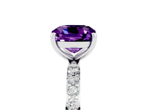 White gold Cushion Cut Amethyst Solitaire Ring with Pave Band and Four Prong Setting_29