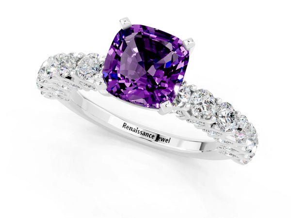 White gold Cushion Cut Amethyst Solitaire Ring with Shared Prong Pavé Band and Four-Prong Setting