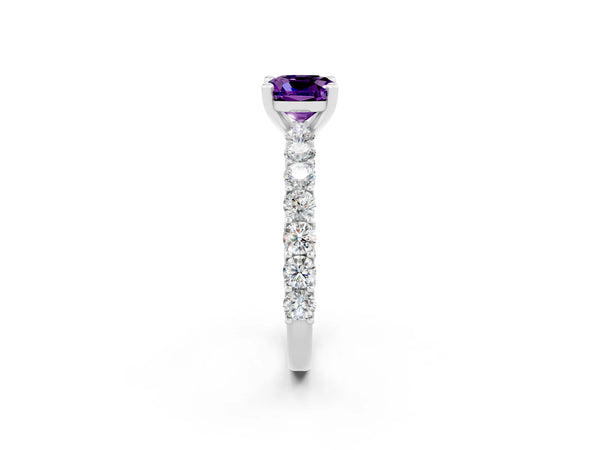 Platinum Cushion Cut Amethyst Solitaire Ring with Shared Prong Pavé Band and Four-Prong Setting