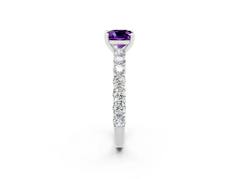 White gold Cushion Cut Amethyst Solitaire Ring with Shared Prong Pavé Band and Four-Prong Setting_2