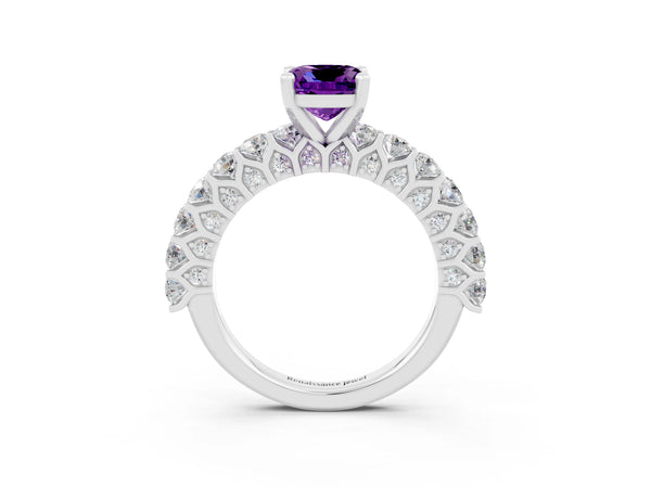 Platinum Cushion Cut Amethyst Solitaire Ring with Shared Prong Pavé Band and Four-Prong Setting