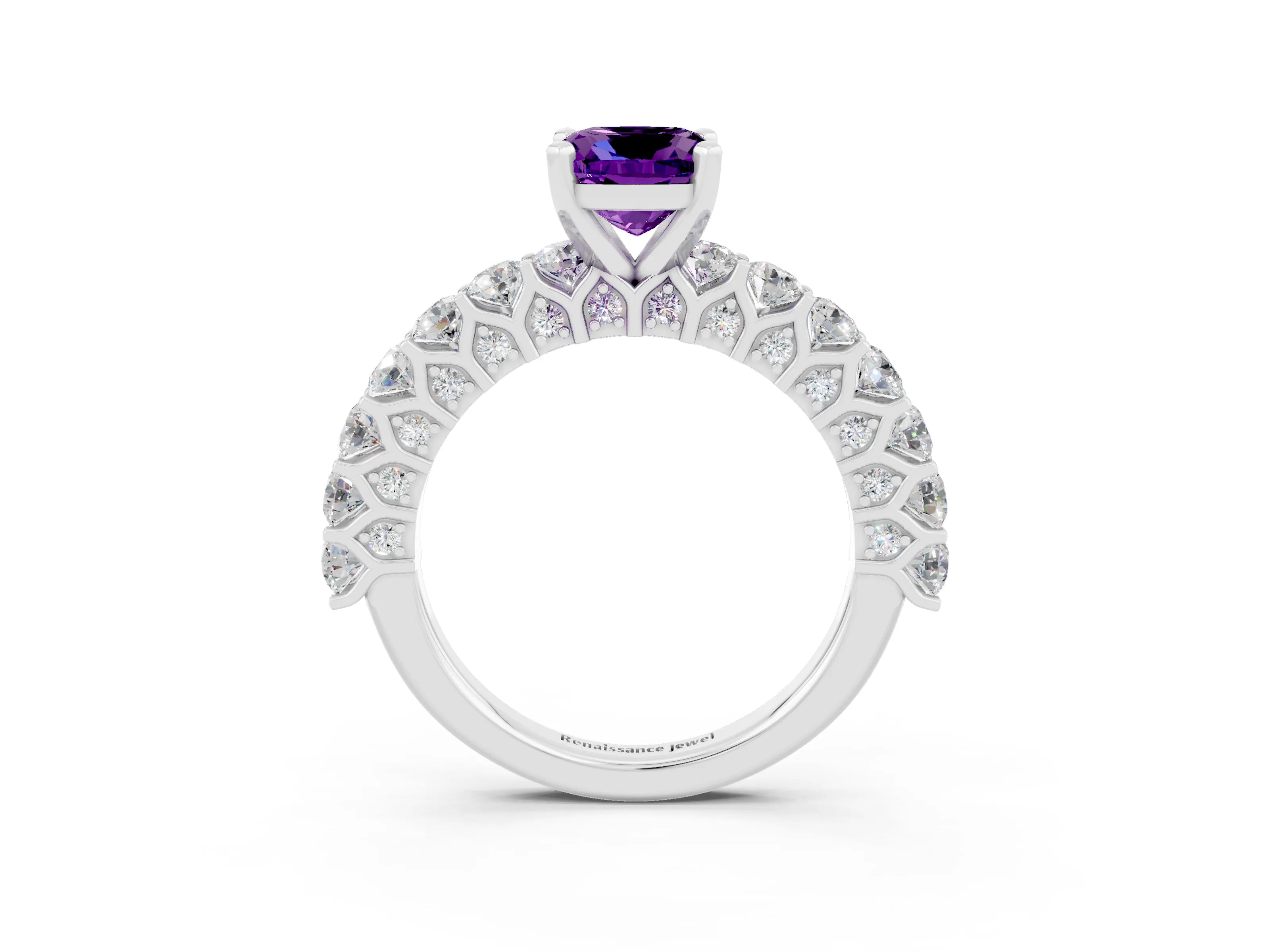 White gold Cushion Cut Amethyst Solitaire Ring with Shared Prong Pavé Band and Four-Prong Setting_3