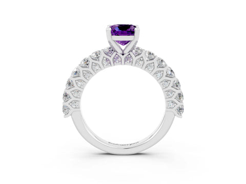 White gold Cushion Cut Amethyst Solitaire Ring with Shared Prong Pavé Band and Four-Prong Setting_3