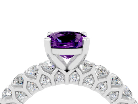 White gold Cushion Cut Amethyst Solitaire Ring with Shared Prong Pavé Band and Four-Prong Setting_4