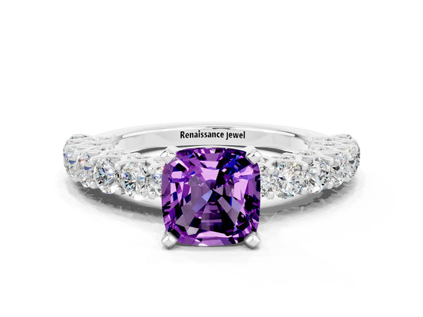 White gold Cushion Cut Amethyst Solitaire Ring with Shared Prong Pavé Band and Four-Prong Setting