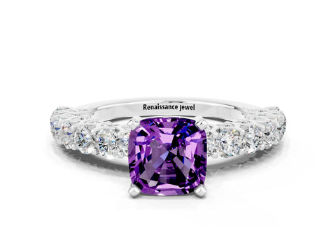 White gold Cushion Cut Amethyst Solitaire Ring with Shared Prong Pavé Band and Four-Prong Setting