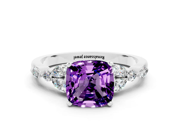 Platinum Cushion Cut Amethyst Solitaire Ring with Side Stones and Four-Prong Setting