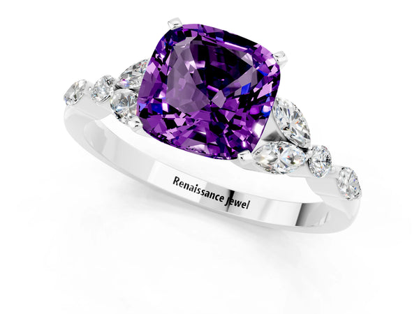 Platinum Cushion Cut Amethyst Solitaire Ring with Side Stones and Four-Prong Setting