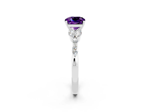 Silver Cushion Cut Amethyst Solitaire Ring with Side Stones and Four-Prong Setting