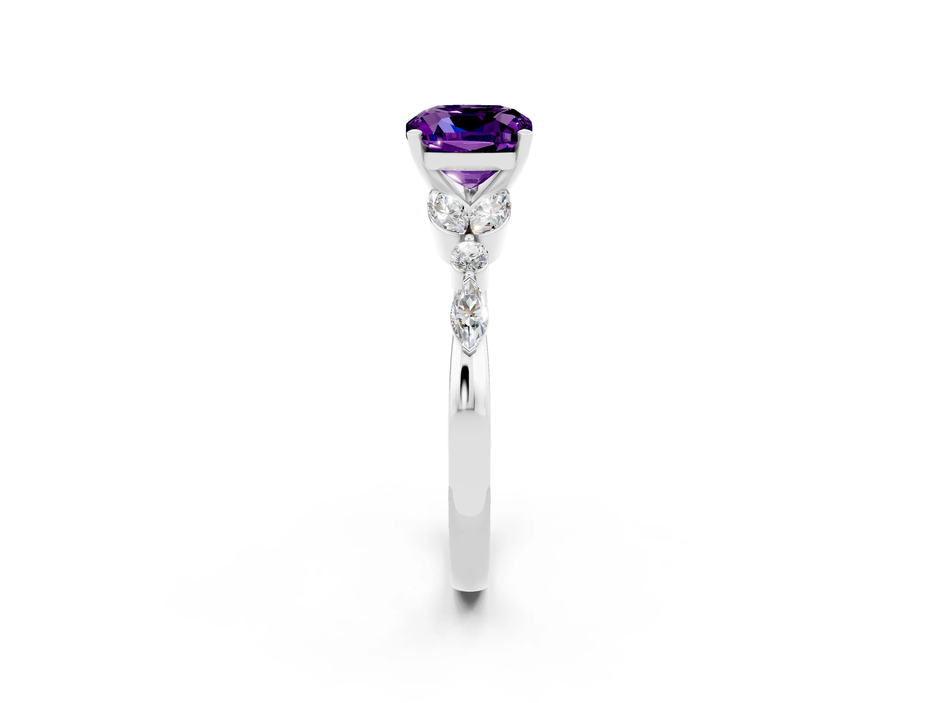 White gold Cushion Cut Amethyst Solitaire Ring with Side Stones and Four-Prong Setting_26