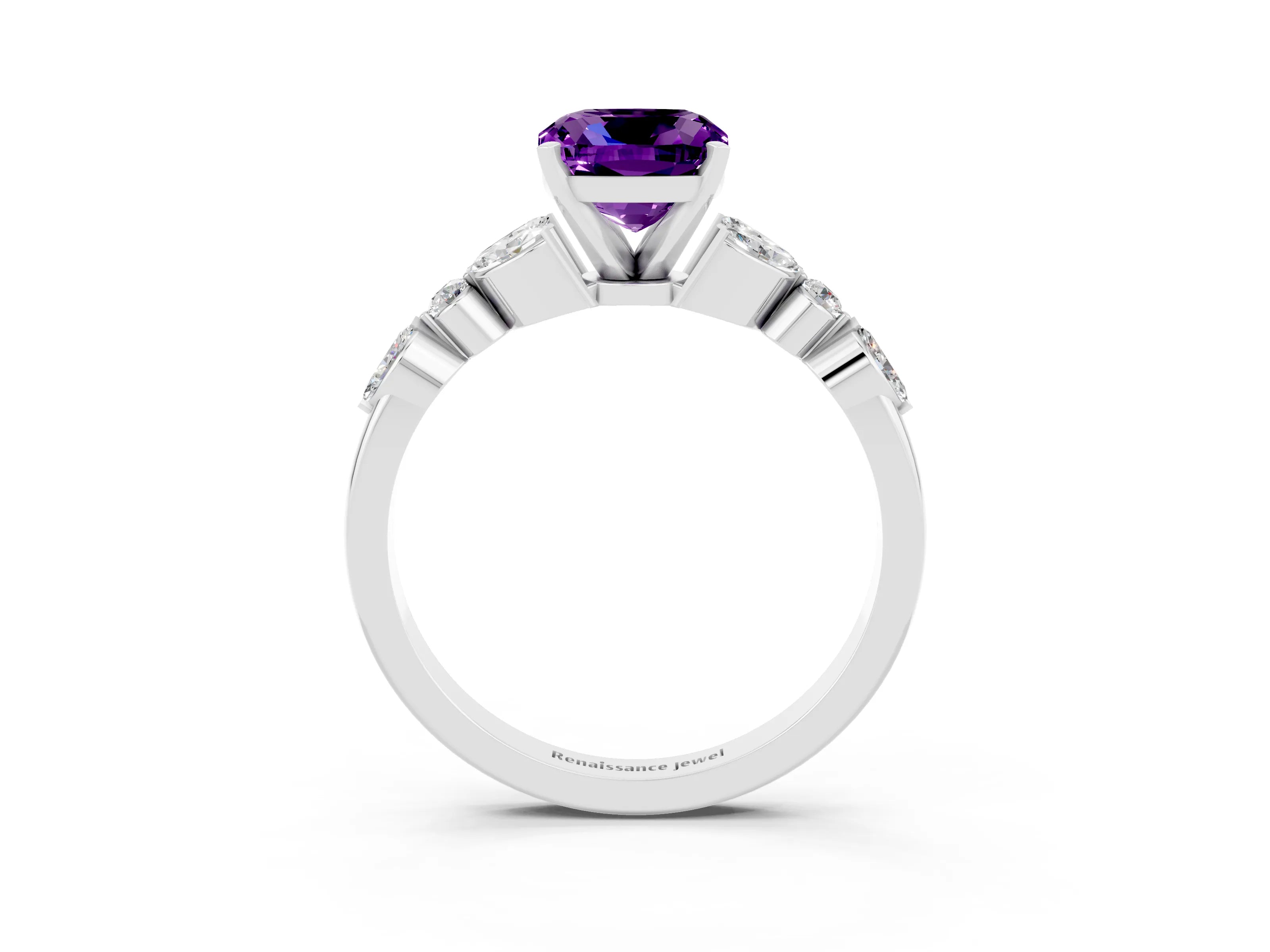 White gold Cushion Cut Amethyst Solitaire Ring with Side Stones and Four-Prong Setting_27