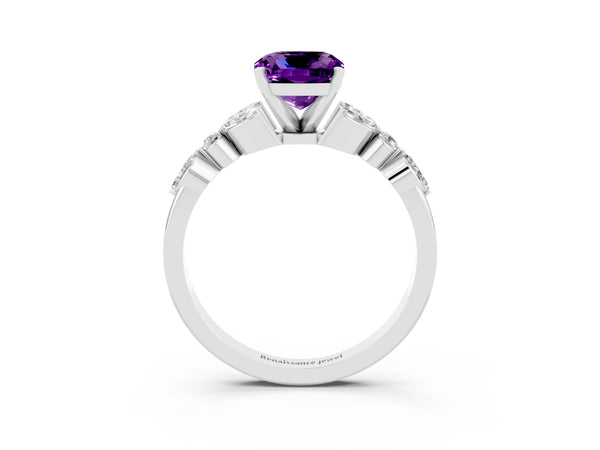 White gold Cushion Cut Amethyst Solitaire Ring with Side Stones and Four-Prong Setting