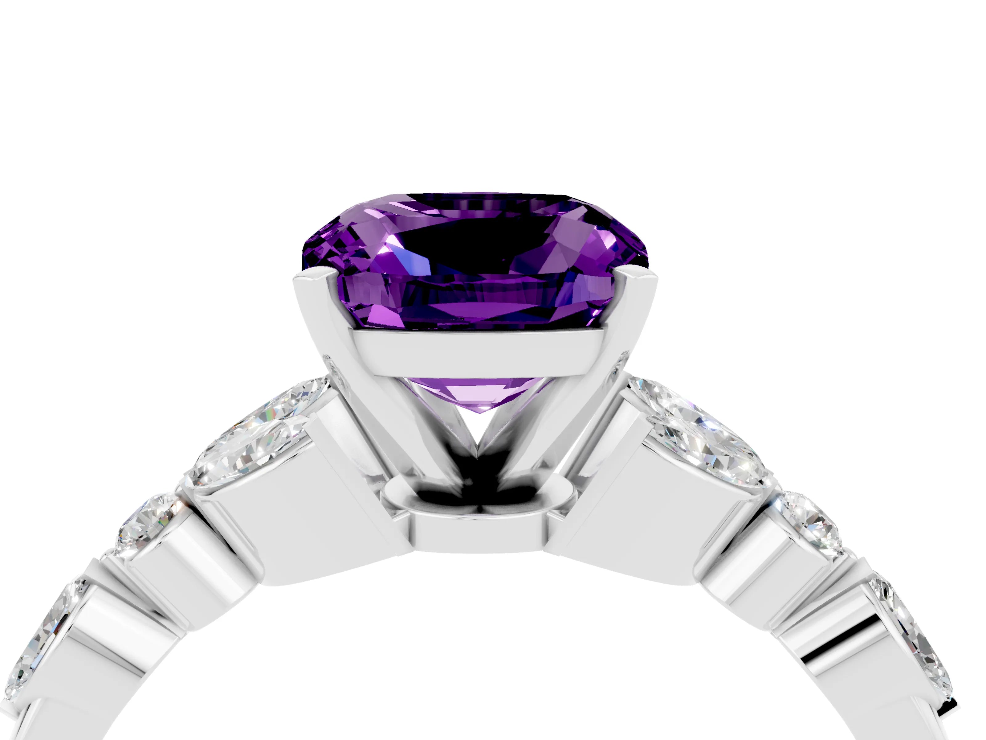 White gold Cushion Cut Amethyst Solitaire Ring with Side Stones and Four-Prong Setting_28