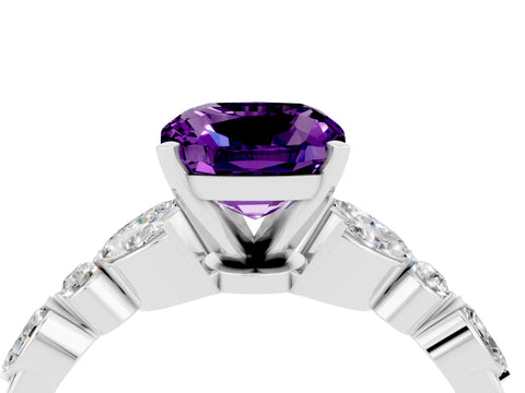 White gold Cushion Cut Amethyst Solitaire Ring with Side Stones and Four-Prong Setting_28