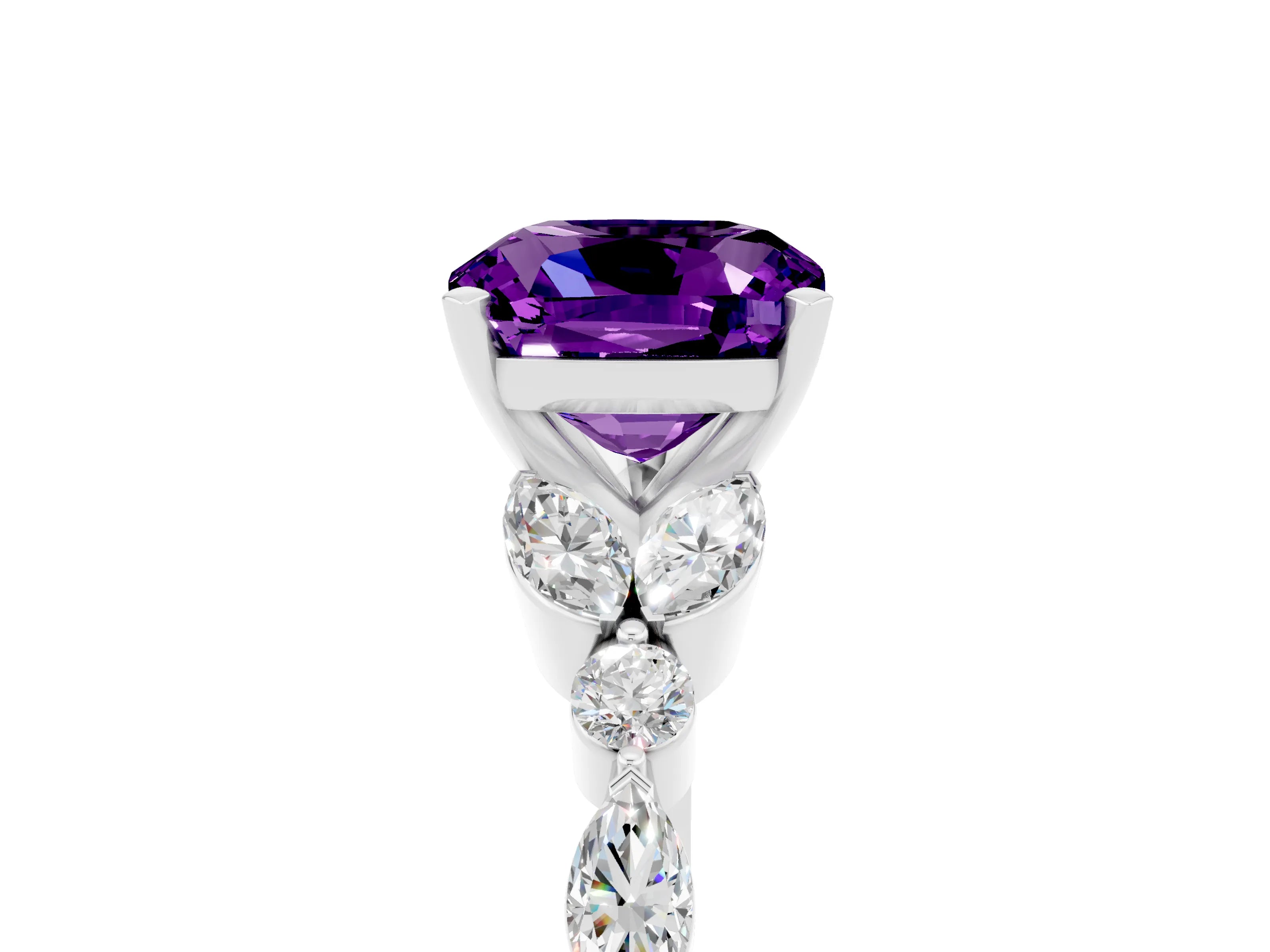 White gold Cushion Cut Amethyst Solitaire Ring with Side Stones and Four-Prong Setting_29