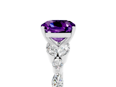 White gold Cushion Cut Amethyst Solitaire Ring with Side Stones and Four-Prong Setting_29