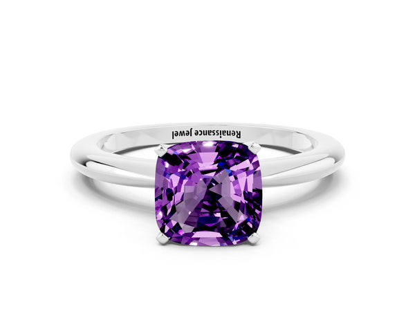 Platinum Cushion Cut Amethyst Solitaire Ring with Six-Prong Setting and Classic Band