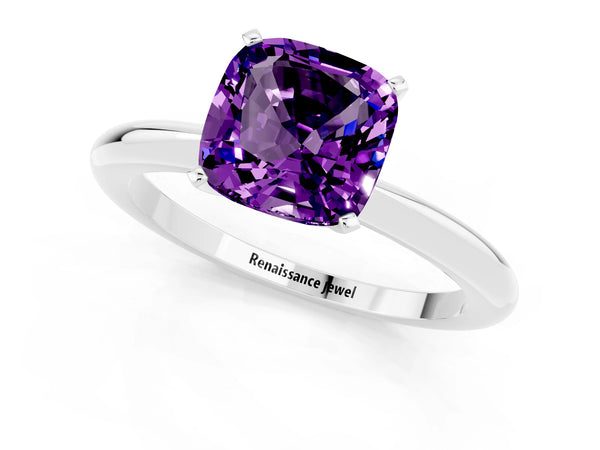 Platinum Cushion Cut Amethyst Solitaire Ring with Six-Prong Setting and Classic Band